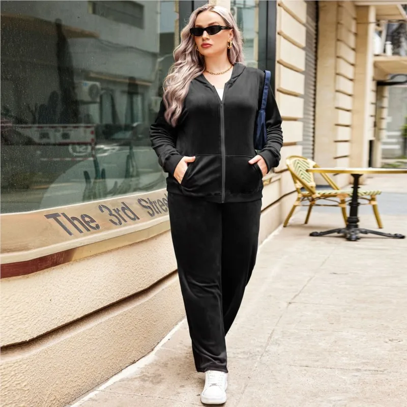 طقم مكون من قطعتين كاجوال أنيق للنساء جاكيت فضفاض بلون سادة مع قلنسوة + سويت شيرت رياضي برباط للسيدات