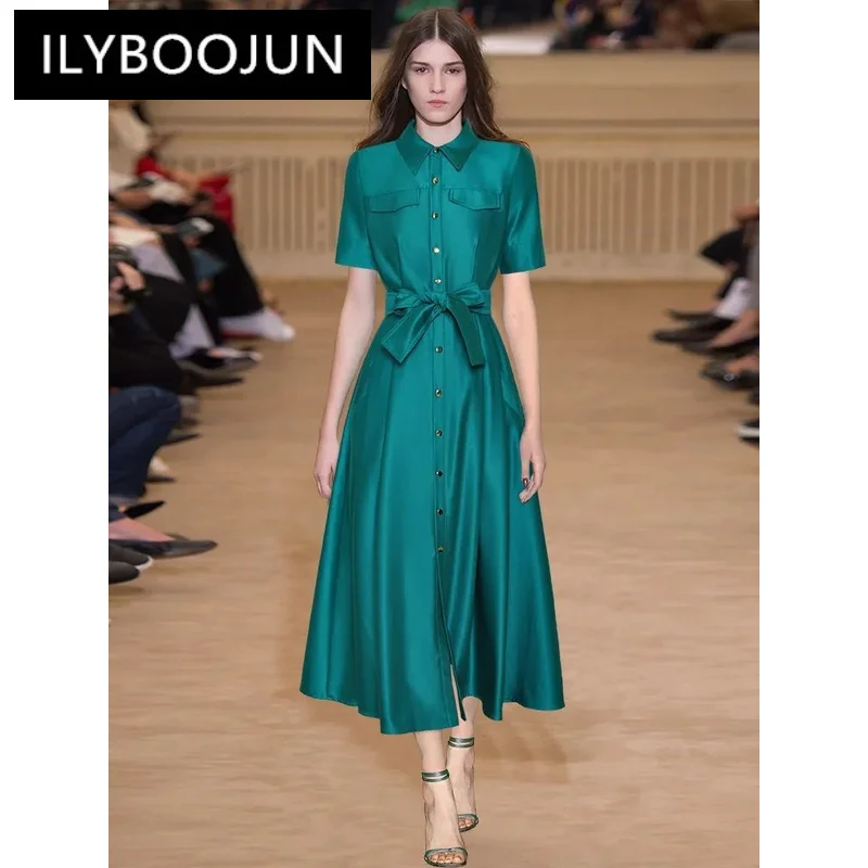 

Summer Catwalk New Women's High Quality Fashion Party Button Lace Up Casual Office Green Chic Celebrity Sweet Pretty Midi Dress