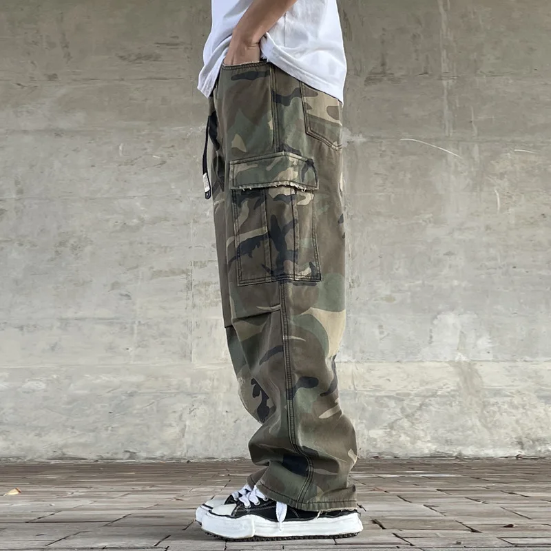 Retro American Street Loose Straight Leg Camouflage Work Pants Men's Heavy Wa Handmade Patched Trendy Military Pants