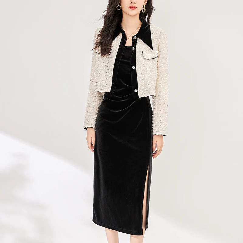 

Elegant Fashion Women's 2 Piece Sets Autumn Winter Tweed Jacket Coat And Velvet Long Slip Dress Slim Office Lady Two Pieces Set