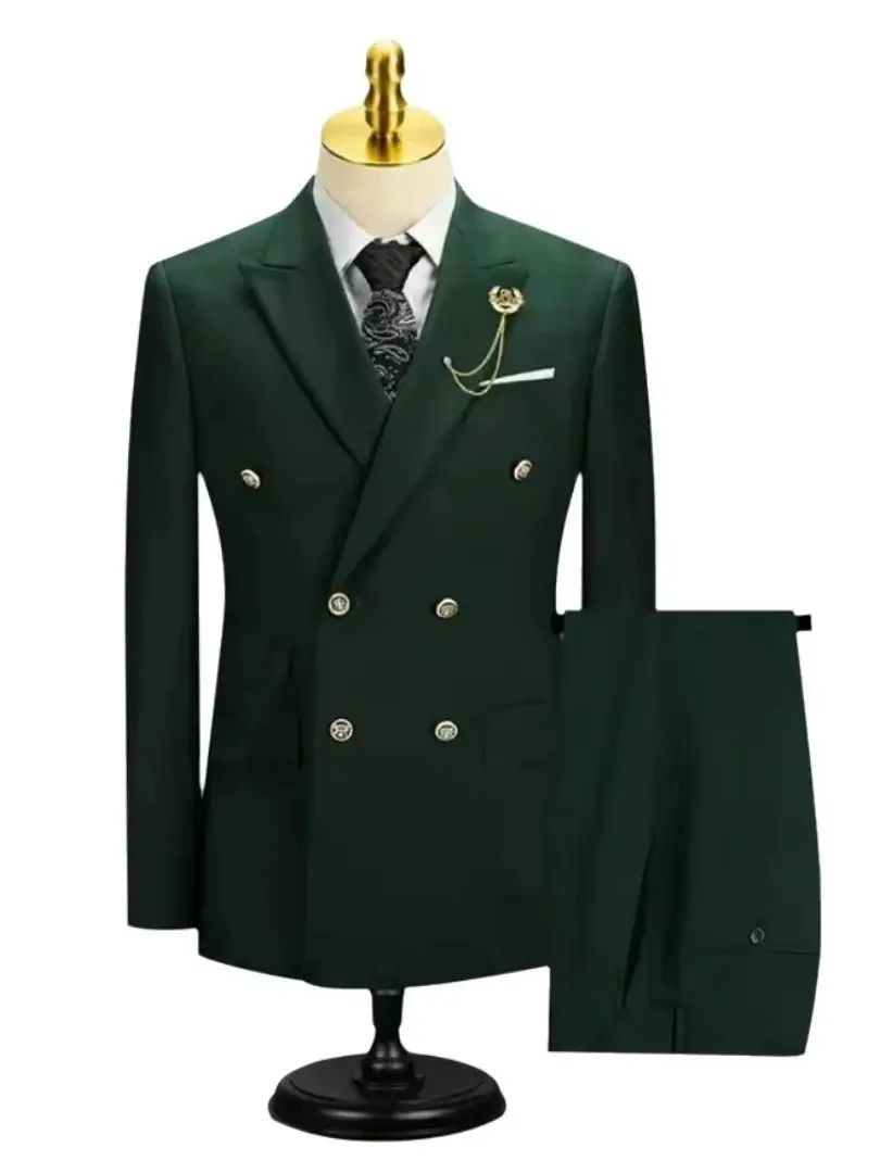 Dark Green 2 Pieces Men Suits Set Fashion New Men's Formal Business/Wedding Groom Suits Peak Lapel Double Breasted Blazer Pants