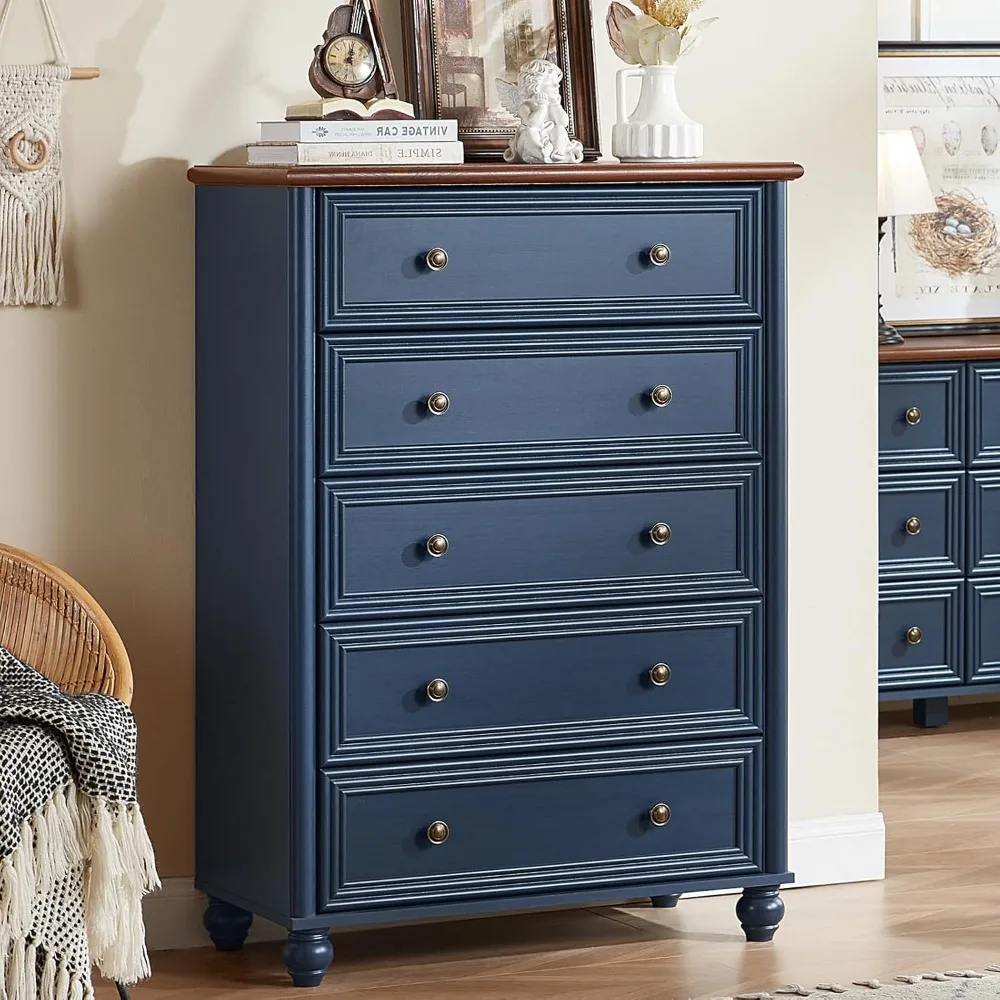 Farmhouse 5 Drawers Dresser for Bedroom, Wood 45" Tall Chest of Drawers, Dresser Rustic Storage Dressers Organizer with Metal