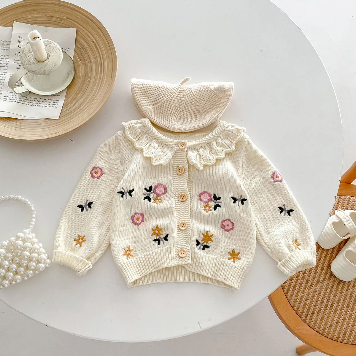 Baby Girls Sweater Korean Style Newborn Cardigans Baby Girls Knit Frilled Collar Floral Print Elegant Sweaters 0-3yrs