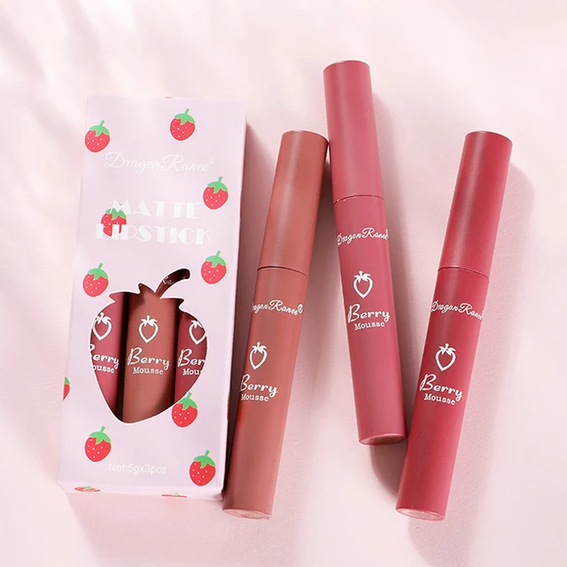57198-4e87c5.jpg 3 pcs Strawberry Lip Glaze Set Velvet Matte Liquid Lipstick Lipstick Non stick Cup