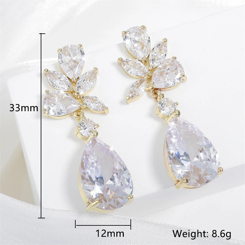 ZAKOL Wedding Earrings for Women Water Drop Cubic Zircon Dangle Earring Leaf Bridal Jewelry