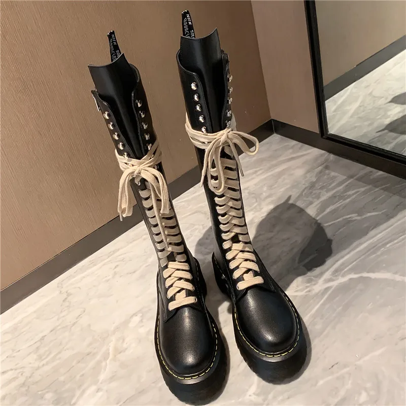 

Hot Selling New Quality Women Motorcycle Boots With Thick Leather Soles Side Zipper Straps Knee Length Boots Charms Botas Martin