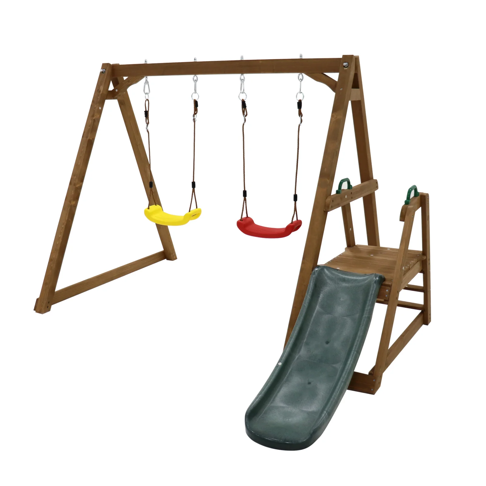 Wood Swing Set for Backyard, 2 in 1 Outdoor Swing Set with Slide, Climbing Rope Ladder Kids Backyard Playset 4