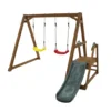 Wood Swing Set for Backyard, 2 in 1 Outdoor Swing Set with Slide, Climbing Rope Ladder Kids Backyard Playset 4
