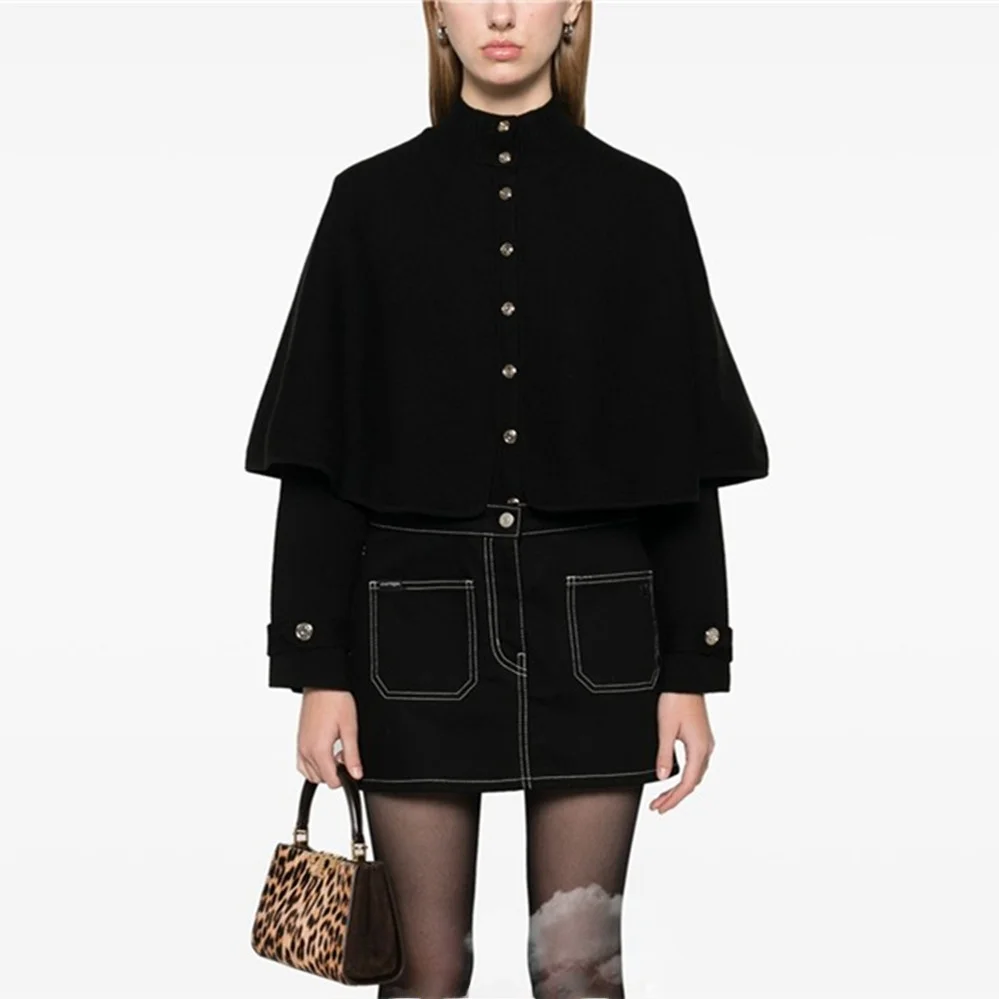 High-End Version European Design Bla f-High Collar Long Sve Knitted awl Sle Cardigan Coat for Women Spring 2025