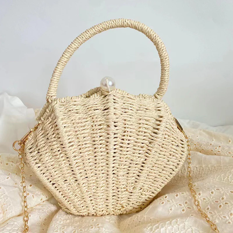 CHICWISH(シックウィッシュ)|貝殻チェーン編みストローバッグ シェル型チェーン付きの小さなストローバッグ,籐製のバッグ
