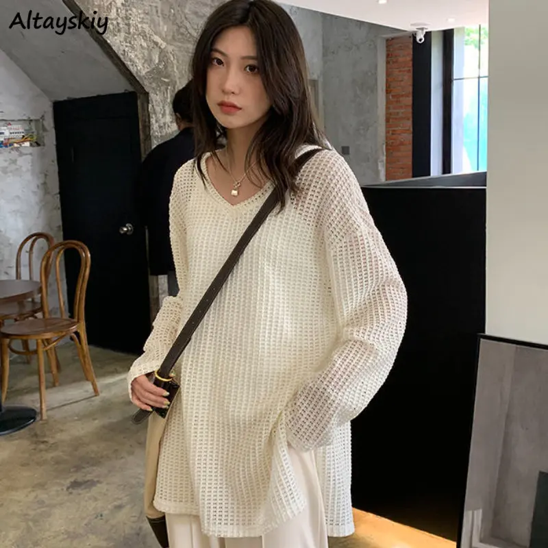 

Pullovers Women Hollow Out Knitting Sun-proof All-match Baggy Simple V-neck Solid Casual Summer Harajuku Fashion Temper Chic BF