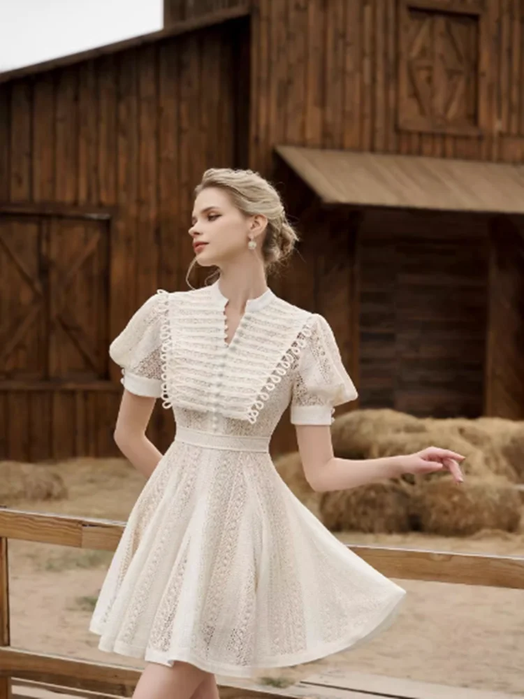 

DALMAZZO Runway Designer Fashion Temperament Summer Mini Dress For Women Puff Sleeve Lace Hollow Out Party Vestidos 2023 New