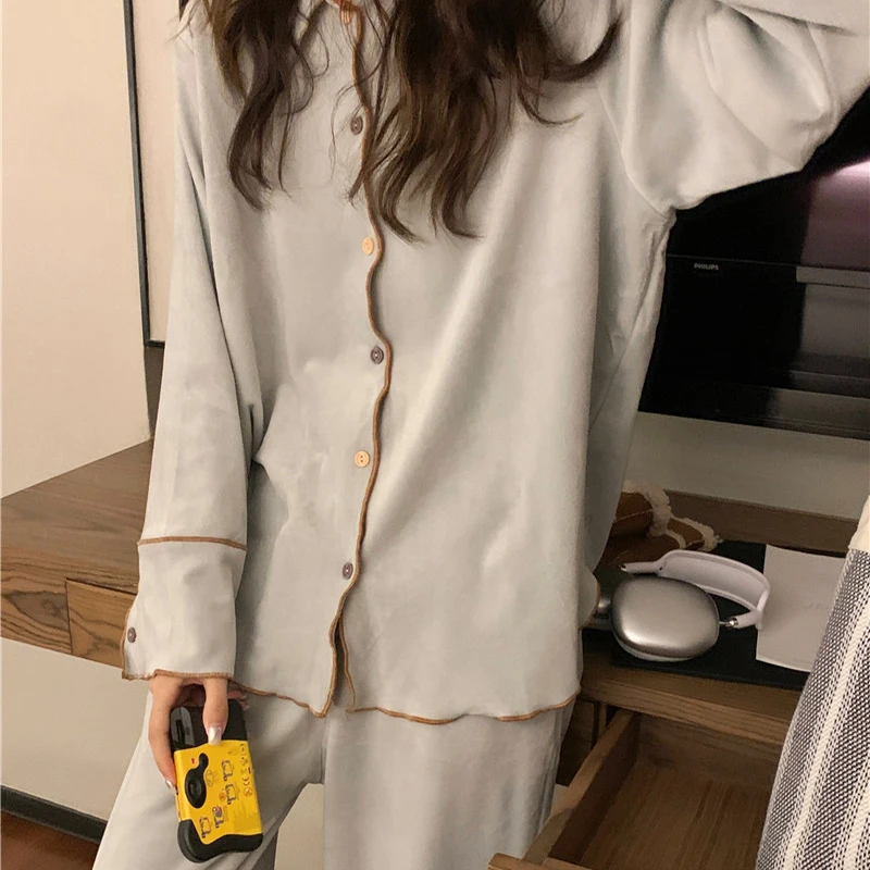 New Autumn Long Sleeve and Pants Women's Pajama Set Simple Mesh Design Can Be Worn Outside the Homewear Comfortable and Soft