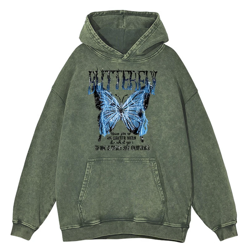 Sudadera con capucha para hombre, estilo retro, desgastado, con estampado de mariposas y relámpagos azules, con palabras creativas, de gran tamaño, cálida, 100 % algodón, a la moda, para otoño