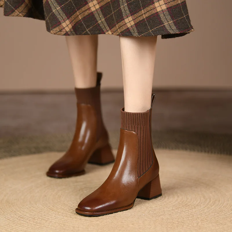 

2022 New Spring Autumn Sock Boots Square Toe Pumps Shoes Slip on Short Ankle Square Heel Stretch Fabric Zapatos De Mujer