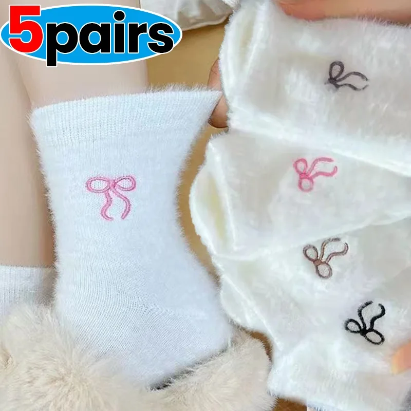 Cozy Faux Mink Velvet Mid-calf Bow Print Socks Women Girls Autumn Winter Thickened Plush Keep Warm Hosiery Soft Sleep Home Socks