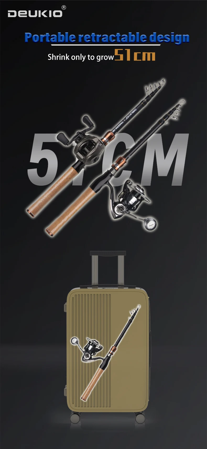 Description Picture 6 of itemTelescopic Lure Rod 1.8M 2.1M Carbon Spinning Rod Baitcasting Fishing Pole 6 Section Wooden Handle Casting Fishing Tackle