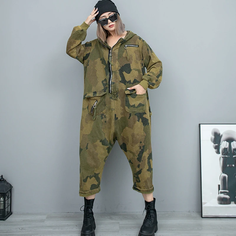 Fashion And Personalized Vintage Camouflage Long Sleeved Hooded Jumpsuit  Women's Autumn Loose Zippered Ankle-length Pants Trend