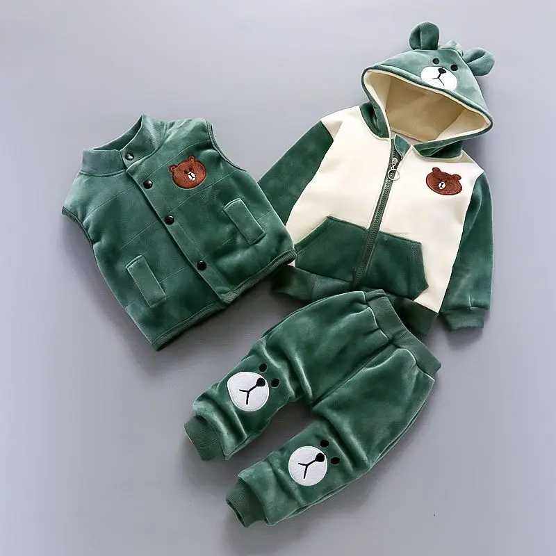 

Комплект детской рождественской одежды, осенняя куртка с мультяшным медведем, жилет и штаны, плотный флисовый спортивный костюм из 3 предметов для девочек, теплая одежда