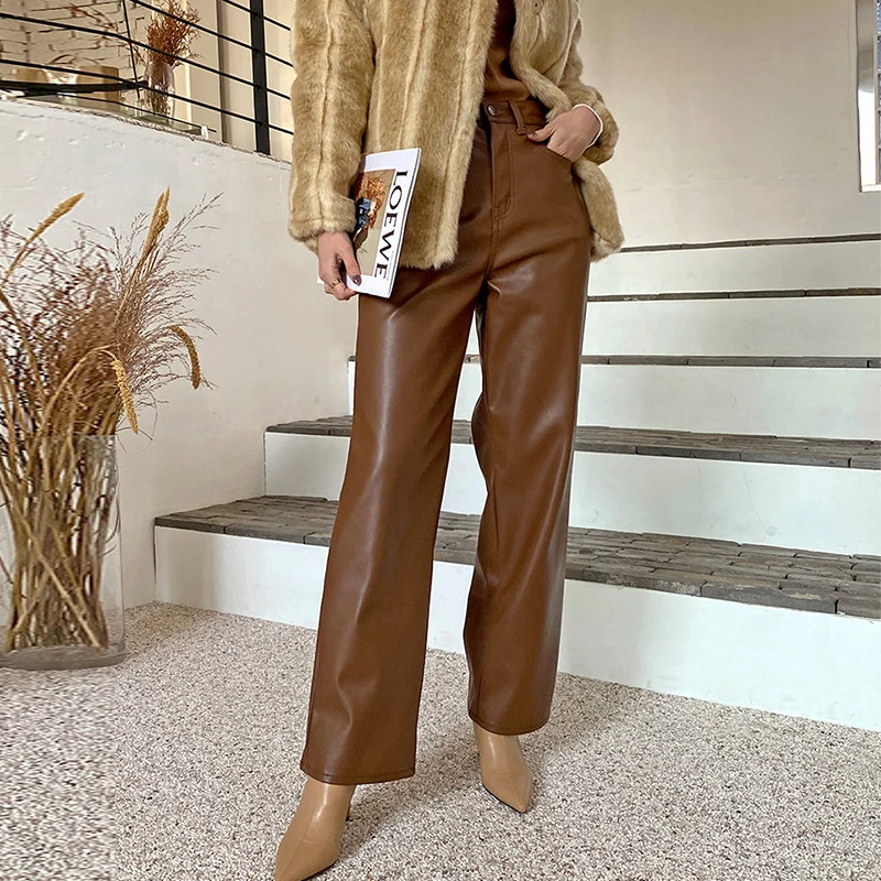 Brown Leather Pants for Women Fall Winter Vintage Casual Female Straight Leg Split Sheepskin Pants Fashion High Waist Trousers