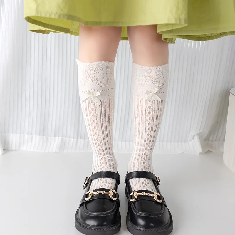 

4 Colors Children Girl Cute Lace Jacquard Thin Socks Kids Girls Knee High Princess Bow Hollow Female Hosiery Socks