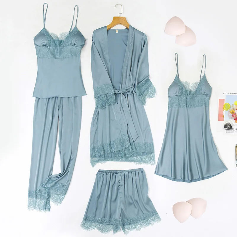 Four Seasons Pajamas Women's Sexy Sleepwear Ice Silk-like Satin Lace Five-piece Set with Chest Pad Nightgown Sling Home Clothes