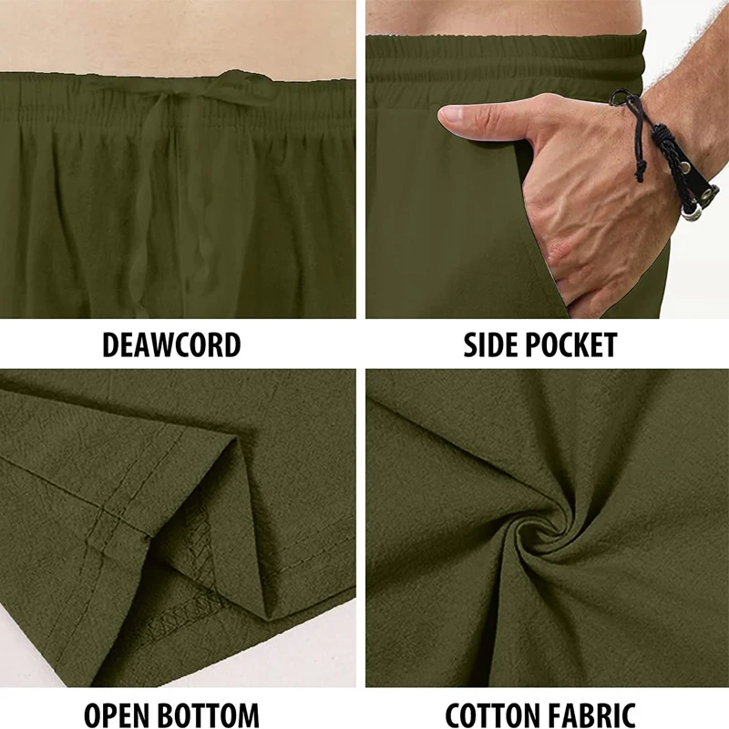 Men Trousers Cotton Linen Loose Autum Casual Breathable Solid Color Drawstring Jogger Yoga Long