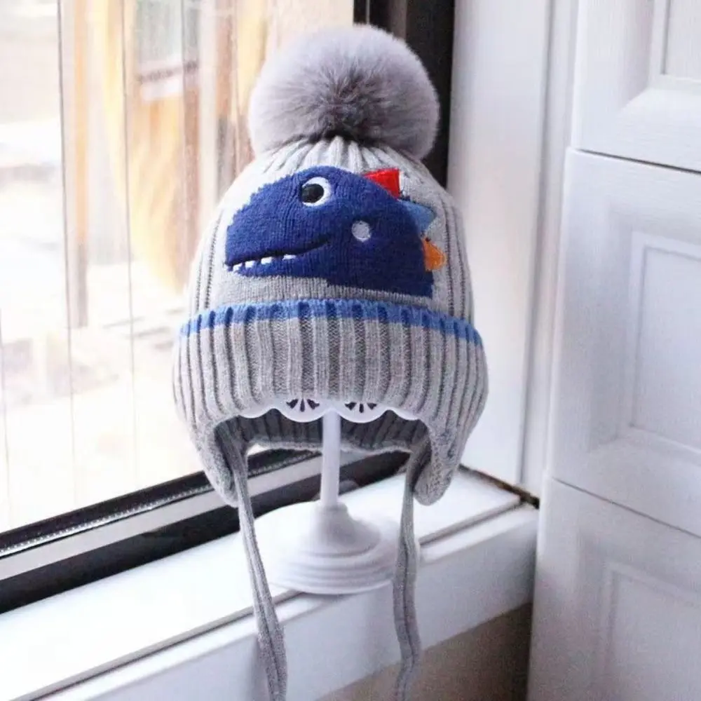 Cartoon Dinosaur Boys Girls Ear Protection Hat Winter Children Knitted Hats Warm Baby Thicken Beanies Cap Kids Accessories 2