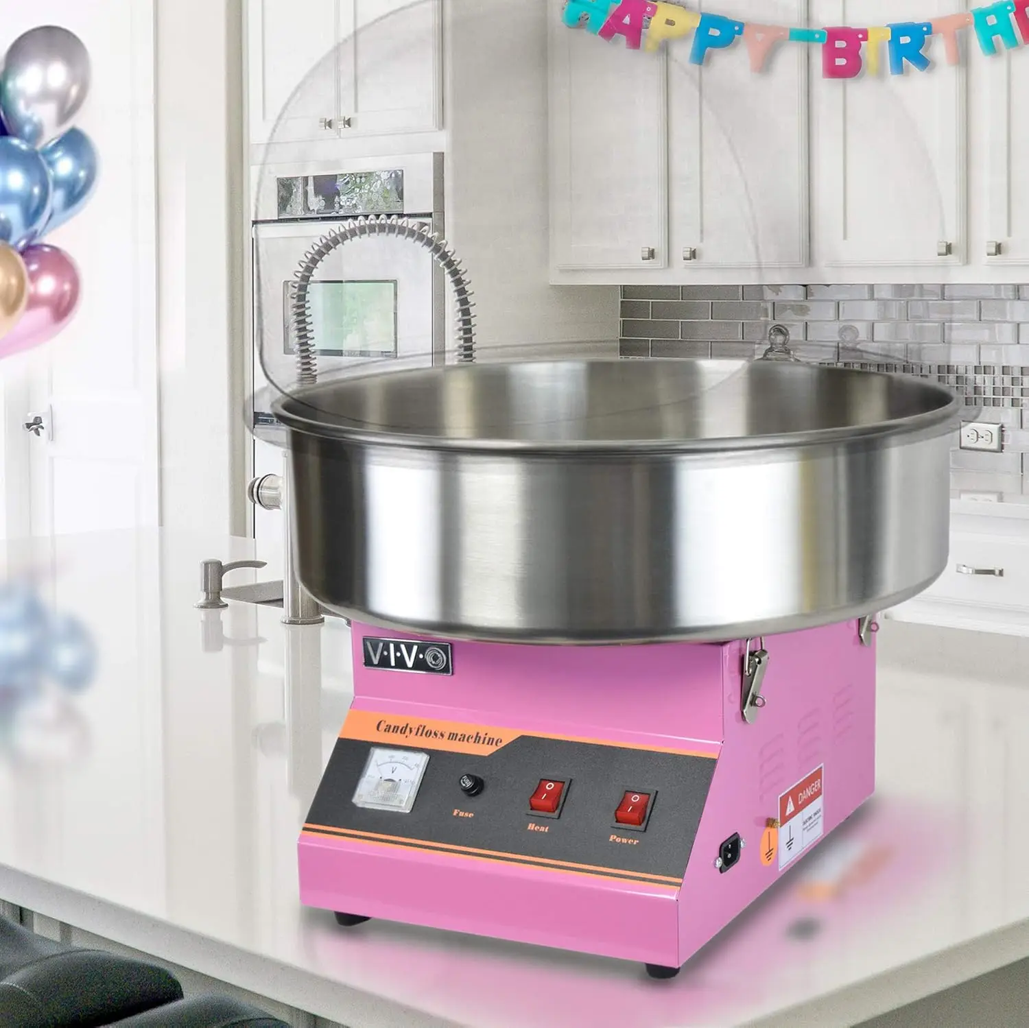 Pink 1030W Electric Commercial Cotton Candy Machine/Candy Floss Maker with Bubble Shield Easy Maintenance Simple Cleaning 6
