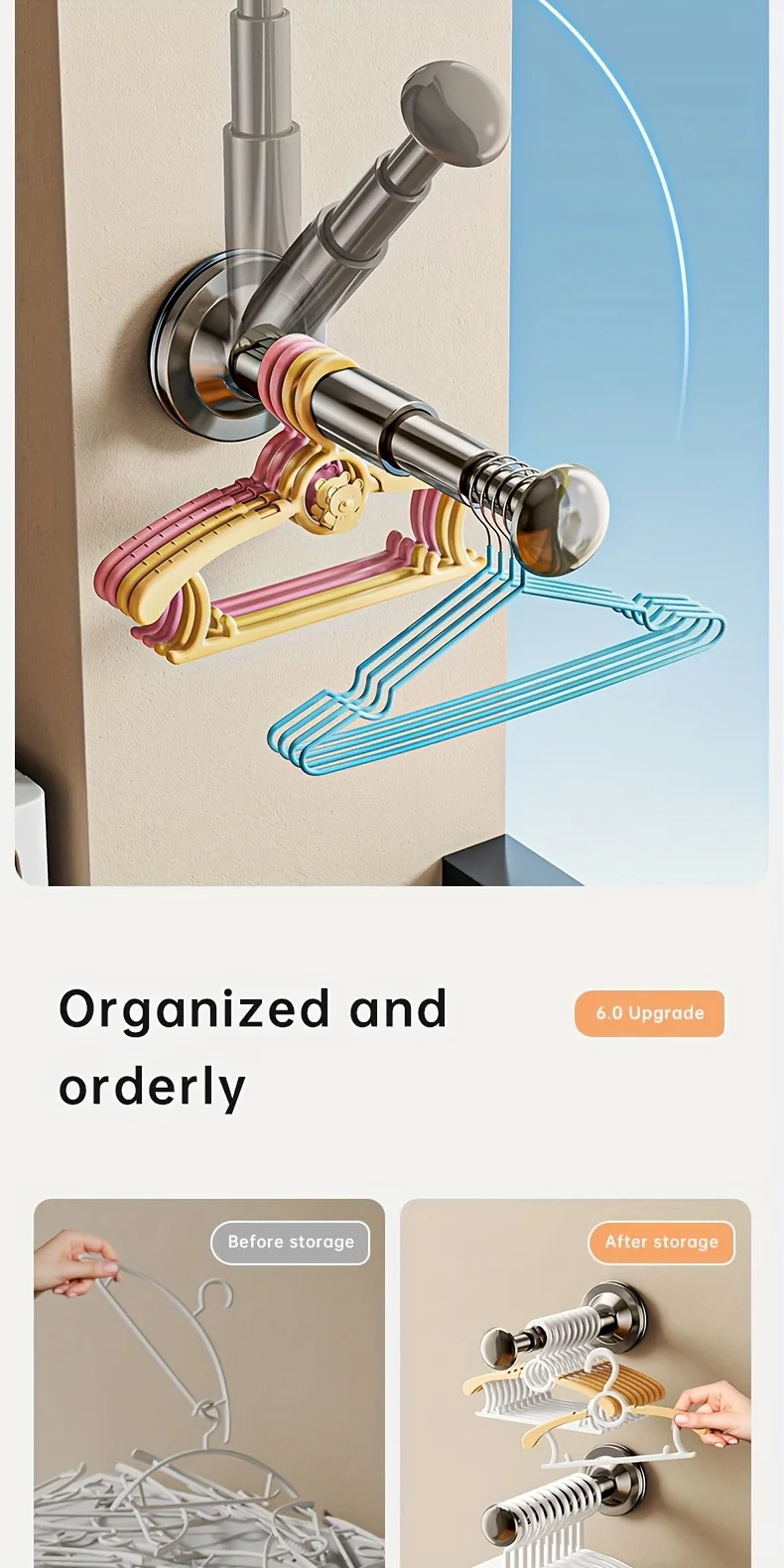 1/2 Stück Aufbewahrungsregal für Kleiderbügel – Installation mit Saugnapf ohne Bohren, einziehbar und verstellbar für Zuhause und Büro, langlebig und platzsparend – Detail 3
