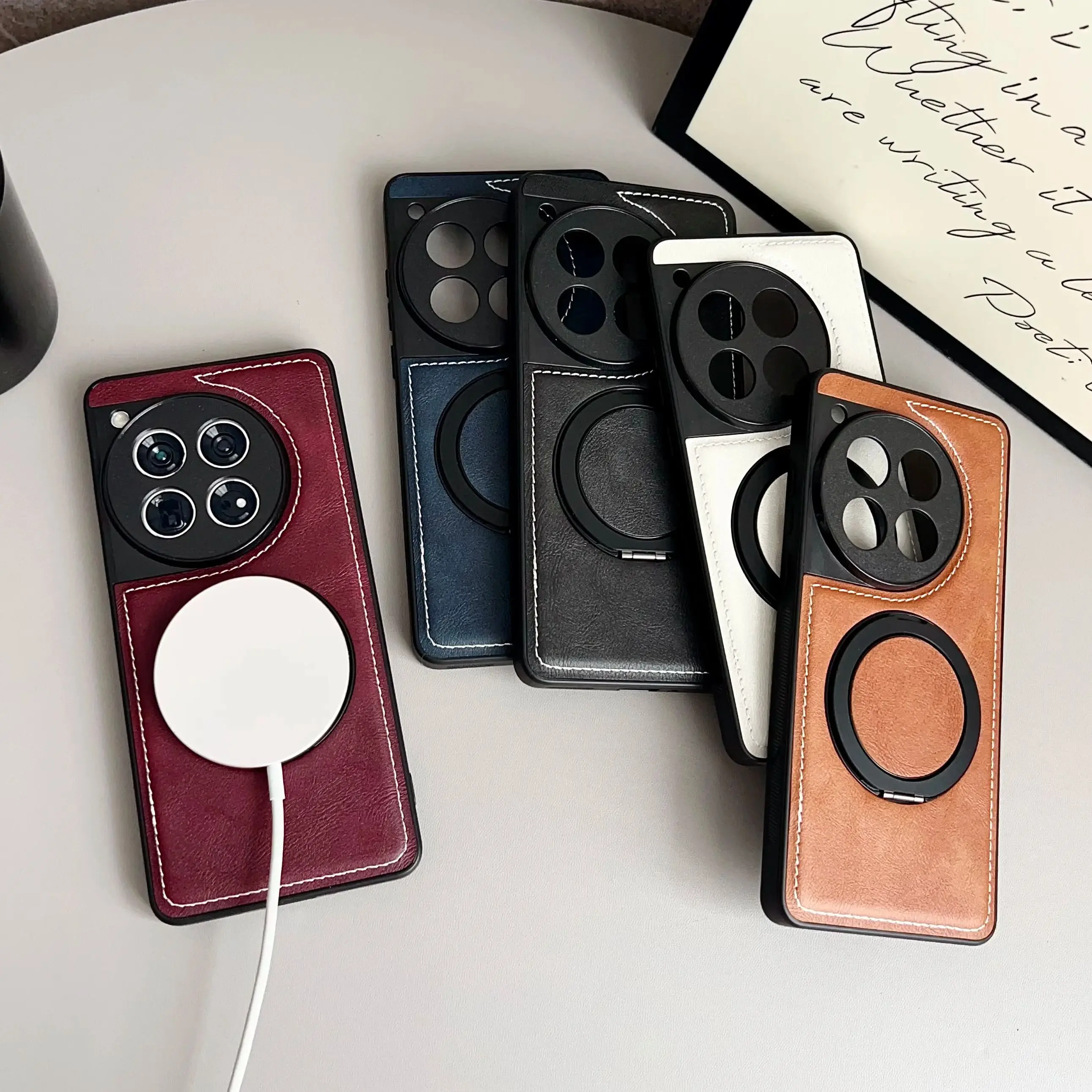 Rotating Magnetic Leather Texture Phone Case with Magsafe Ring Holder and Bumper Cover