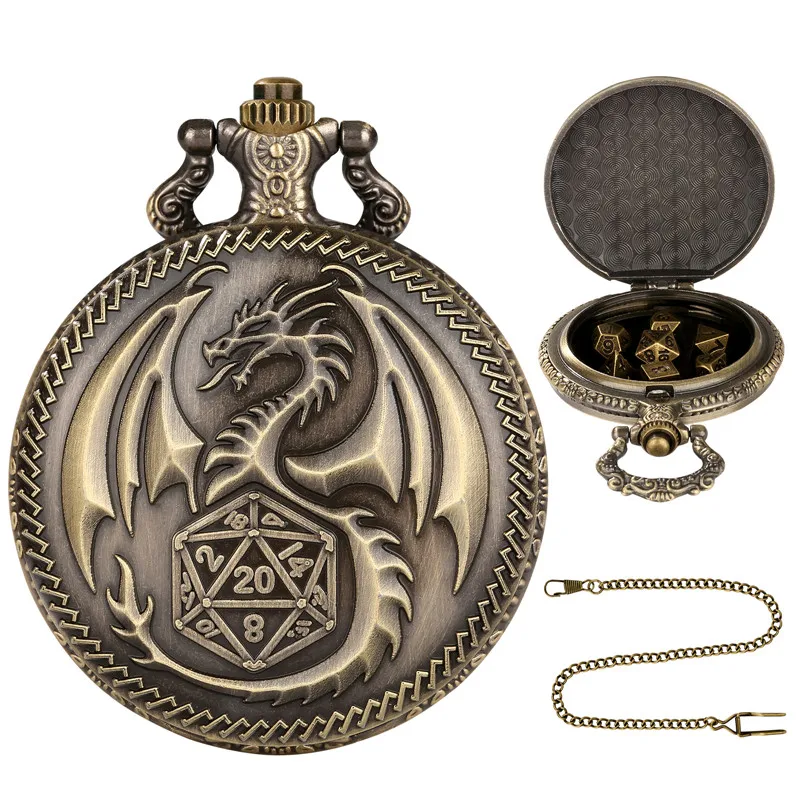 Vintage 7 x polyedrische Würfel aus Metall mit bronzefarbenem Drachen-Taschenuhrengehäuse, Unterhaltung, Rollenspiel, Würfel-Anhängerkette – Detail 4