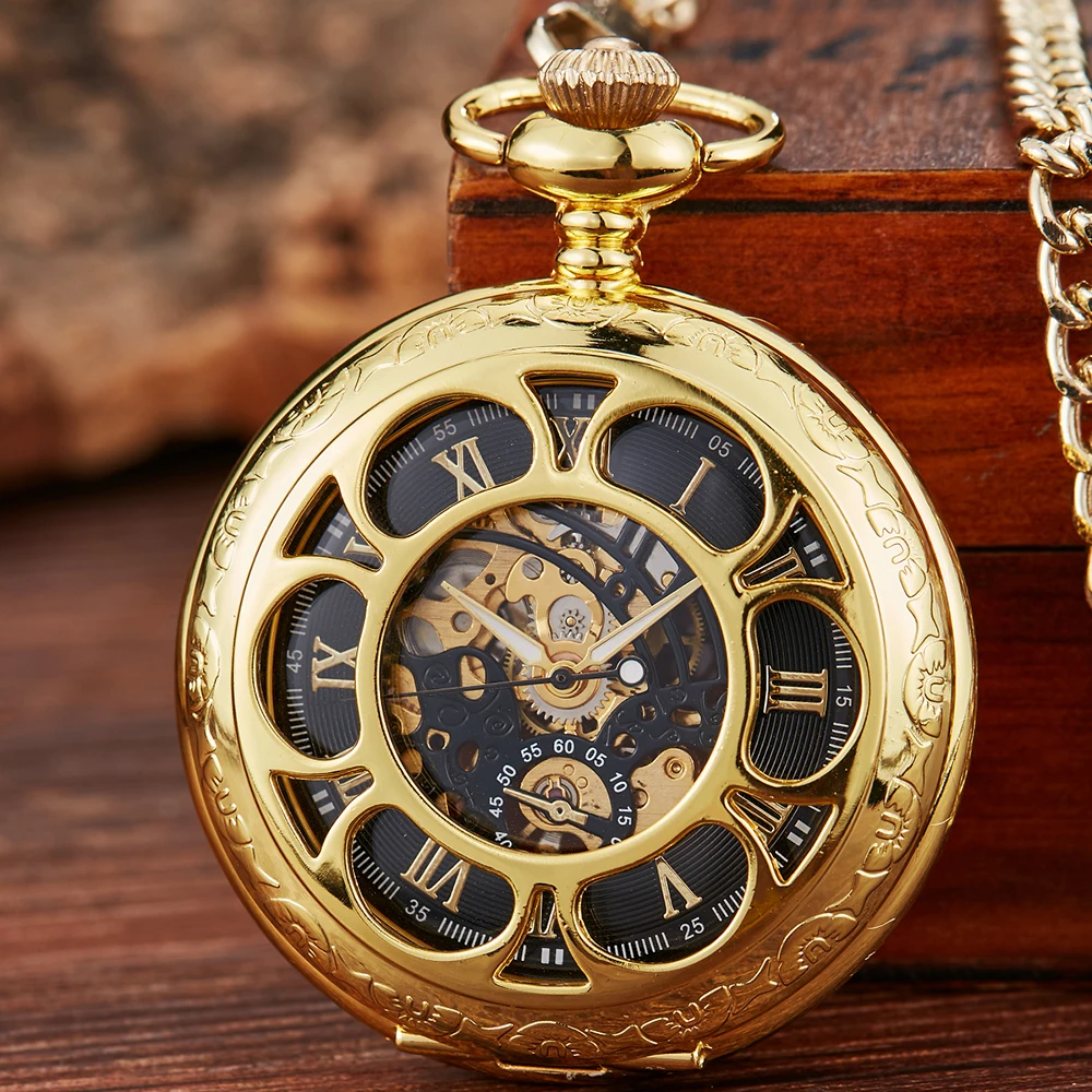 Roman Numeral Mechanical Pocket Watch Engrave Carving Sliver Case Steampunk Skeleton Fob Chain Clock Men