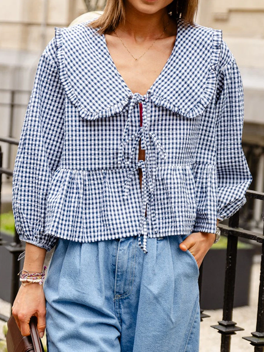 

Women Tie Front Peplum Tops 3/4 Puff Sleeve Gingham Babydoll Blouse Tops Y2K Going Out Tops 2024 Trendy