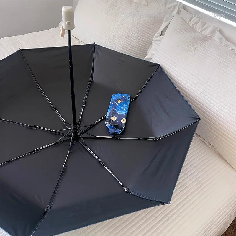 Van Gogh Oil Painting Cat Umbrella Portable Women's Sunscreen and Ultraviolet Rain or Shine