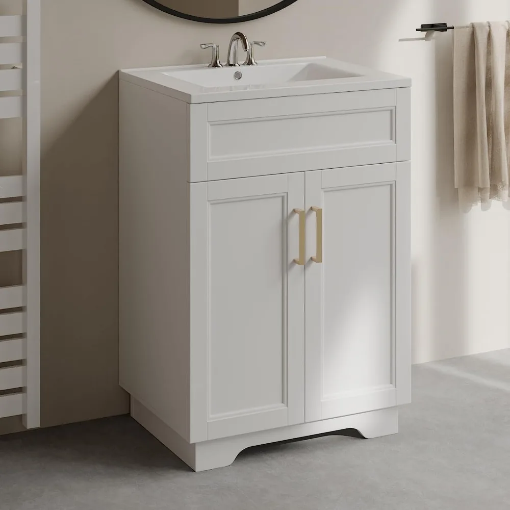 Bathroom Vanity with Sink, 24" White Bathroom Vanity with Ceramic Sink Combo Set,