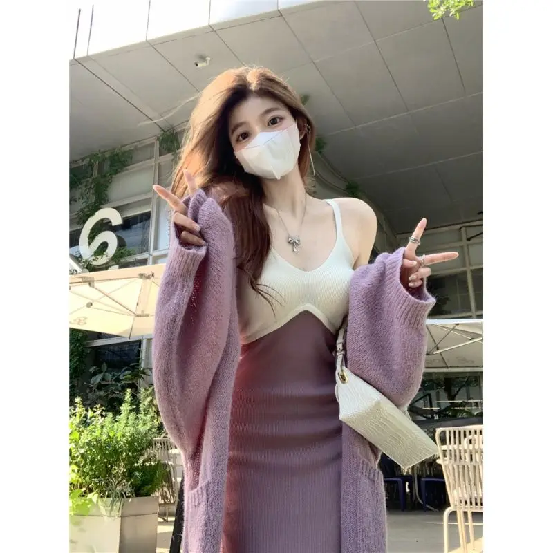 

Autumn Woman Casual Knitted Cardigan and Knee Length Suspender Vest Dress Female Clothing Two-piece Set Long Suit G584