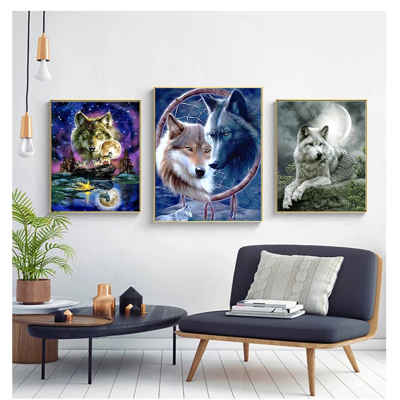 5D Diy Diamond Painting Wolf Moon Landscape Animals Wall Decor