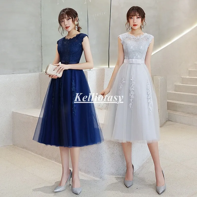 Silver Bridesmaid Dresses Plus Size Knee Length Fancy Girls Occasion Party Gown Wedding