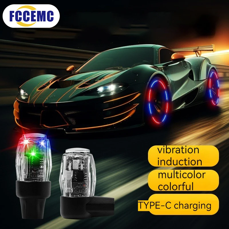 Car Motorcycle LED Lights Air Nozzle Decorative Vibration Sensor USB Charging Auto Wheel Tire Valve Cap Hub Ambient Lamp