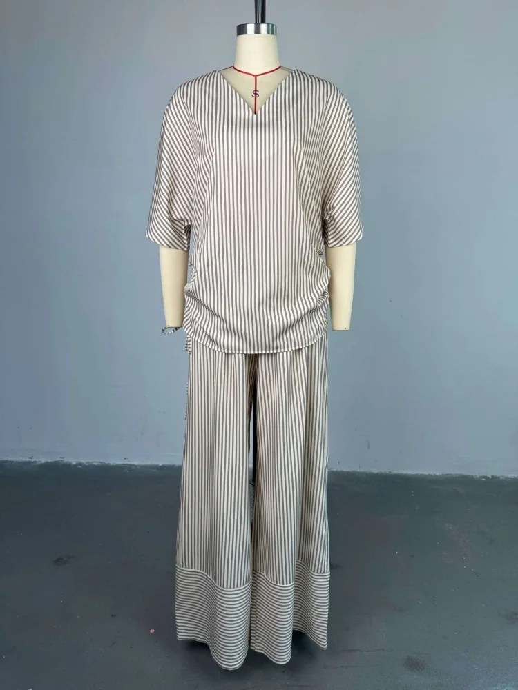 Wmstar Two Piece Sets Women Summer Outfit 2025 Summer New Casual Loose V Neck Striped Short Sleeved Top Wide Leg Long Pants Set