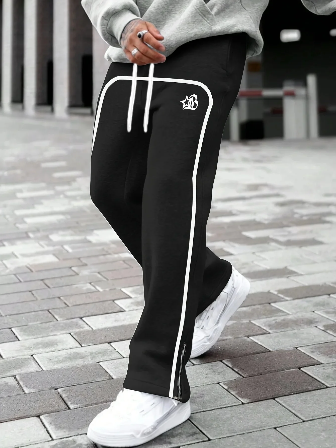 2026 Summer New Trend Men's Loose Quick Dry Pants Black White Piping Star B Print Hip Hop Street Fashion Trousers for Daily Wear