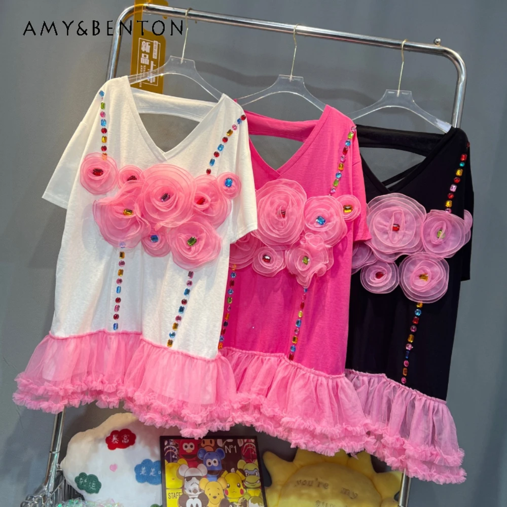 

Sweet Colorful Crystals Net Yarn Flowers Backless Hollow T-shirt Female Thai Fashion 2023 New Loose Mid-Length Dresses Y2k Tops