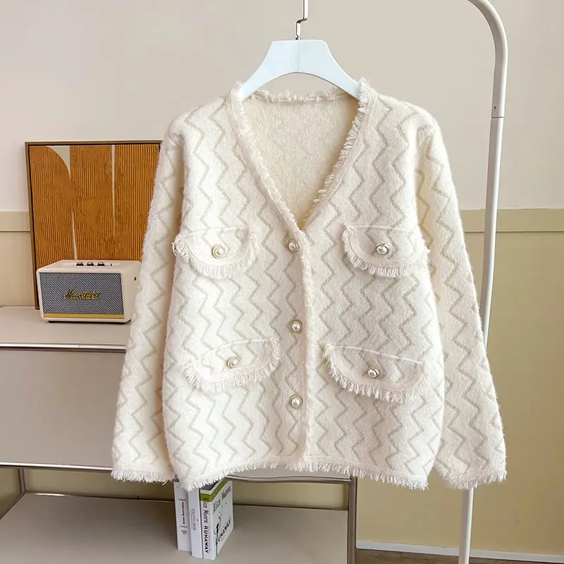 Women's O-Neck Knitted Coat, Casual Versatile Outerwear, Stylish Loose Top, Large Size, Autumn, Winter, New, 2024