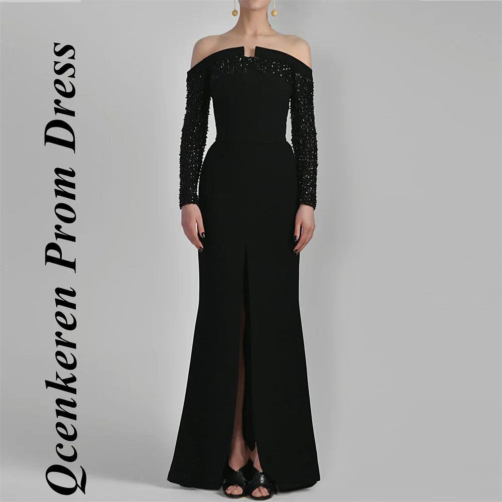 

Qcenkeren Mermaid Prom Dress Floor-Length Long Sleeves Off the shoulder Evening Dress Formal Dress beaded gown Split Front 2024