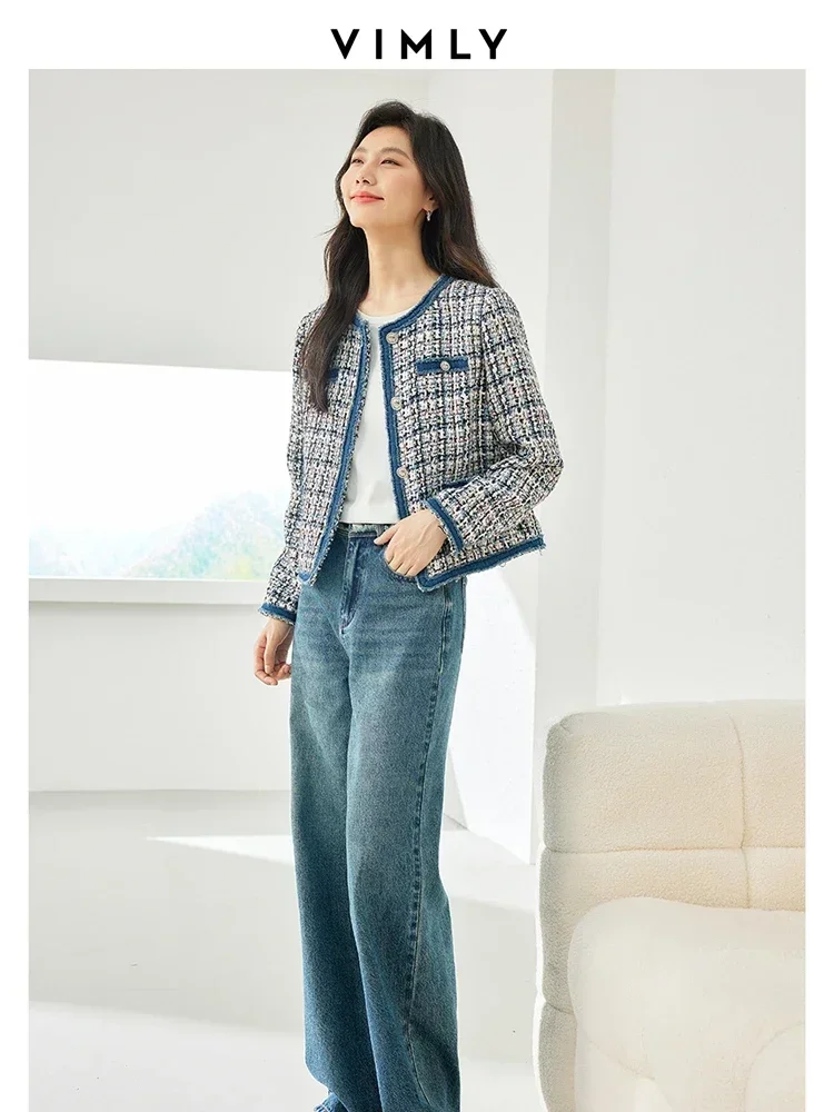 Vimly Plaid Tweed Cropped Jacket for Women 2024 Spring Patch