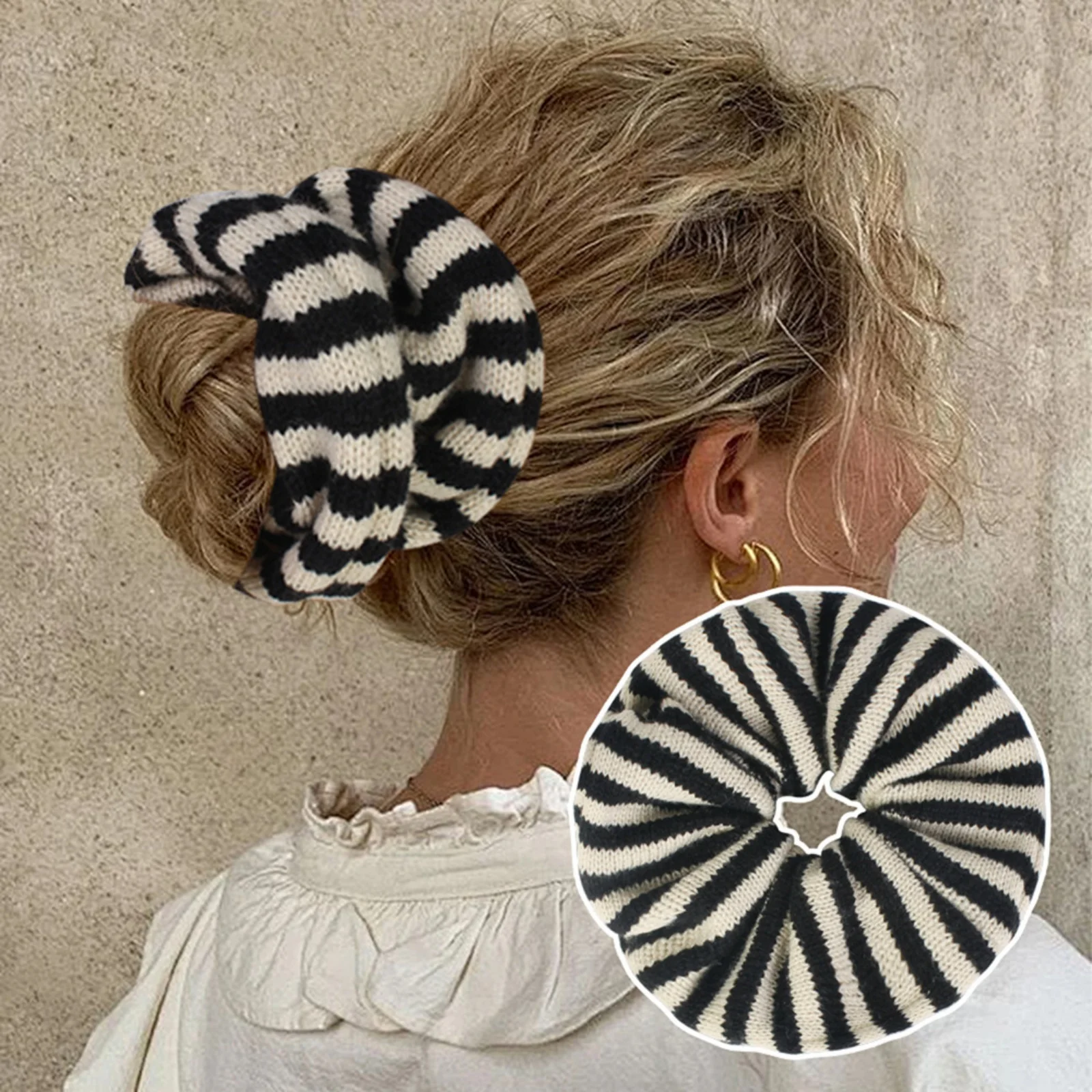 1PC Autumn Winter Fashion Striped Knitted Scrunchie Elastic Warm Knit Hair Tie, Essential Fall Winter Hairstyle Decor for Daily