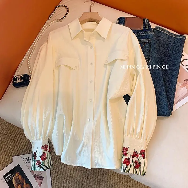 

French Style High Sense Machine Embroidery Shirt Women's Spring Fashionable Chic Long Sleeve Design Sense Western Style Shirt Lo