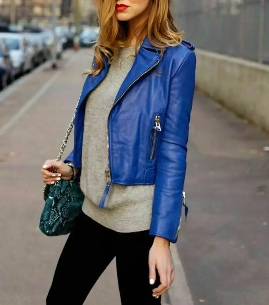 Women Blue Jacket 100% Real Genuine Leather Women Slim Fit Biker Coat Fashion Outwear