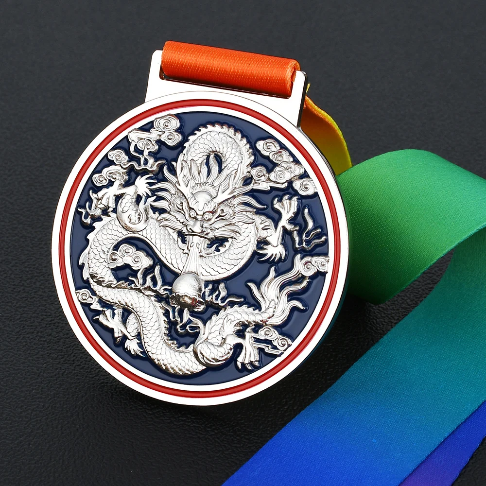 Blank Generic Medal Creative Dragon Mascot Medal School Sports Awards Competition Gold Silver Medals Print for Free On The Blank